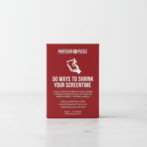 Back cover of Professor Puzzle Screentime card game showing product description