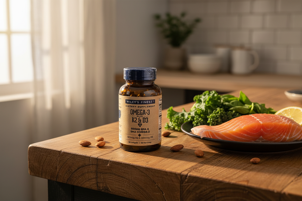 Wiley's Finest Omega-3 K2 D3 fish oil supplement bottle on rustic kitchen counter with salmon and greens – More4less Outlet