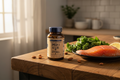 Wiley's Finest Omega-3 K2 D3 fish oil supplement bottle on rustic kitchen counter with salmon and greens – More4less Outlet