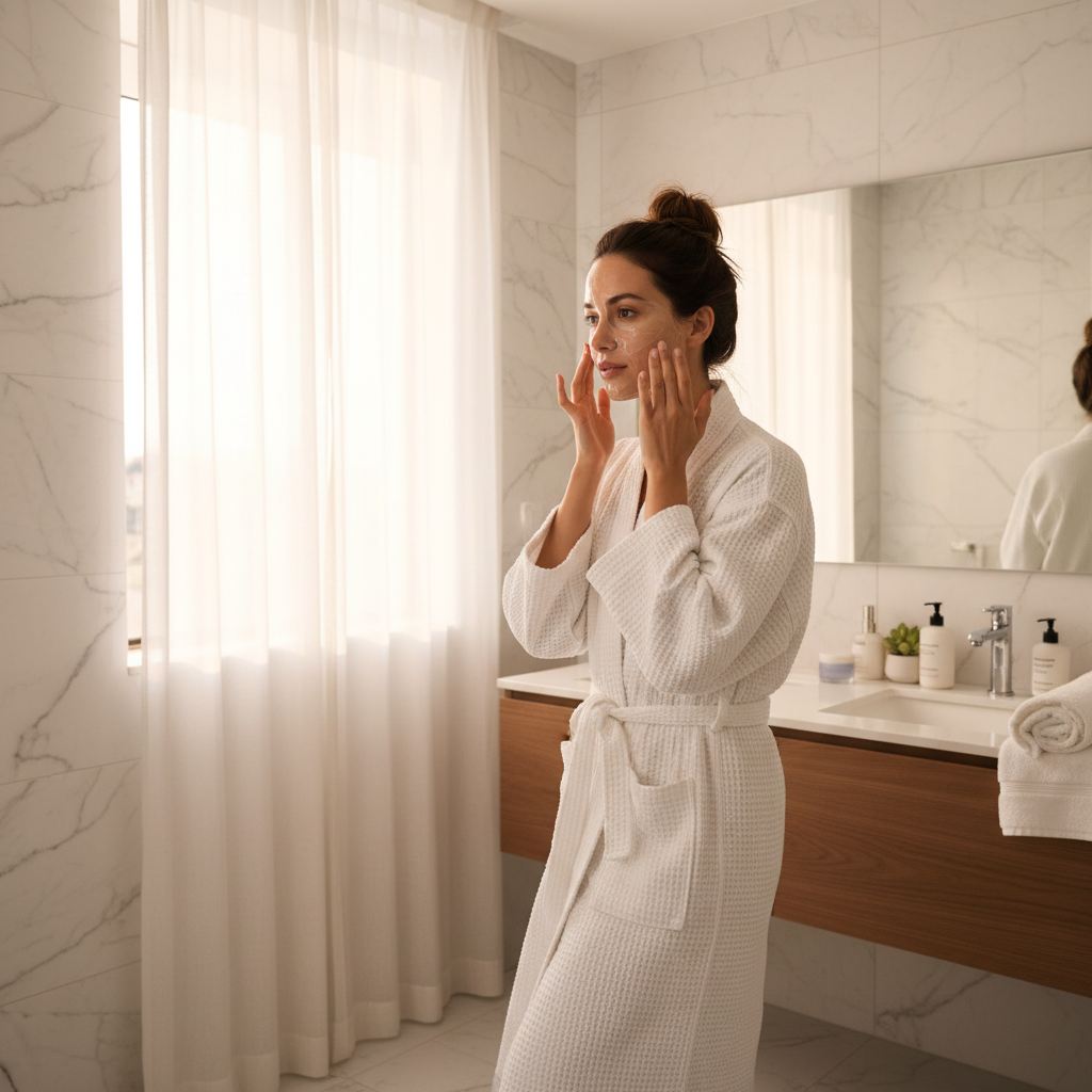 Woman applying a clear hydrating gel face mask in a bright, clean bathroom
