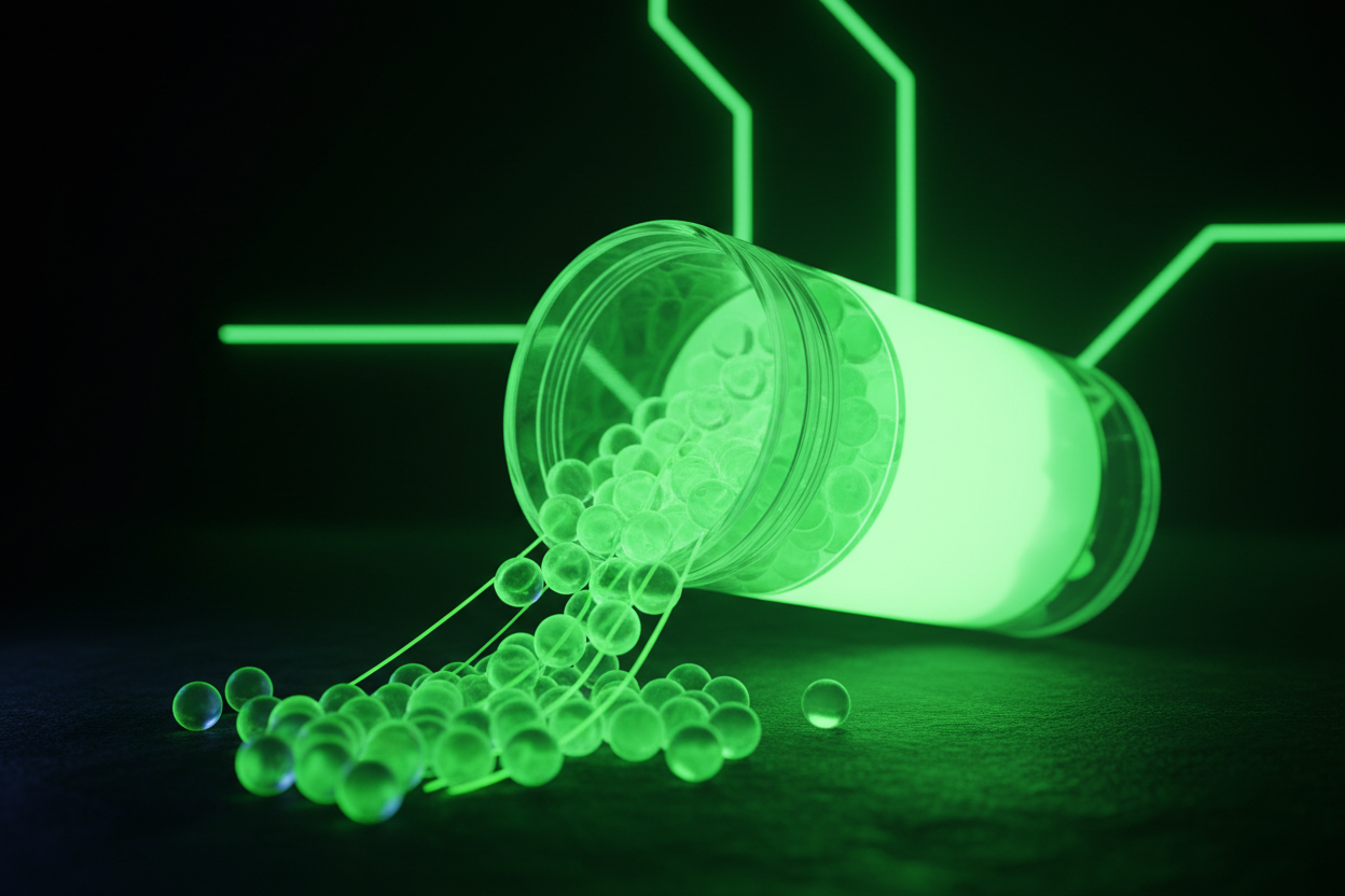 Close-up hero shot of Nerf Pro Gelfire Nightfall Hopper glowing green on dark background — More4less Outlet