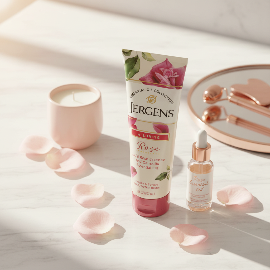 Delicate pink vanity arrangement with essential oil moisturizer, rose petals, small candle, and marble accents in soft morning light