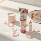 Delicate pink vanity arrangement with essential oil moisturizer, rose petals, small candle, and marble accents in soft morning light