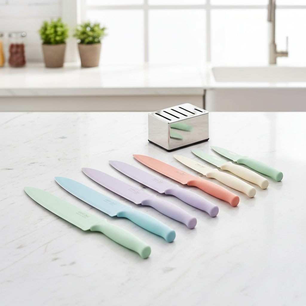 Colorful pastel ceramic-coated kitchen knives with matching sheaths on white marble countertop