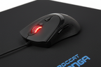 Close-up of Corsair Raptor M3 black gaming mouse with red LED scroll wheel gliding on ROCCAT Kanga black cloth mousepad