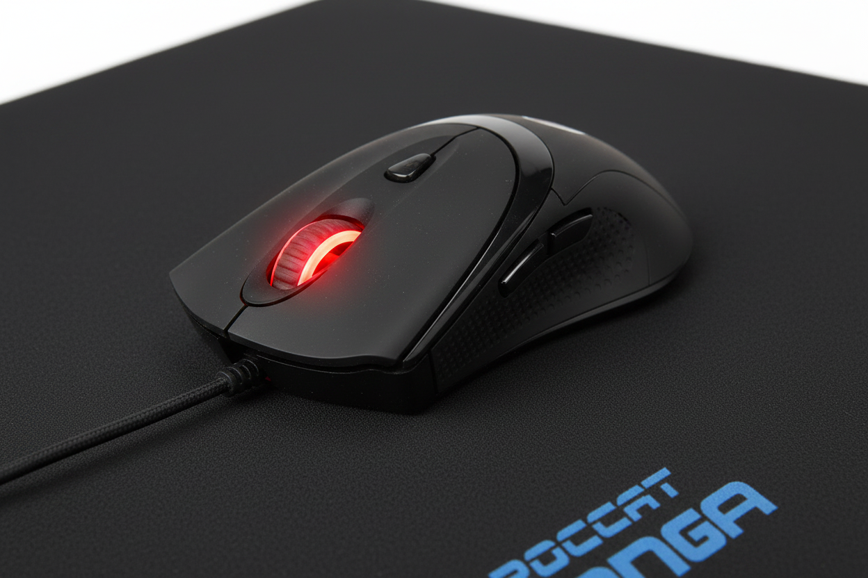 Close-up of Corsair Raptor M3 black gaming mouse with red LED scroll wheel gliding on ROCCAT Kanga black cloth mousepad