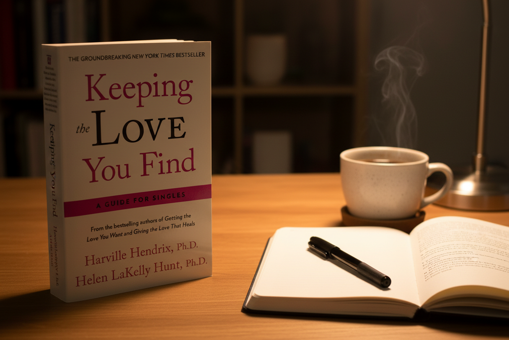 Keeping the Love You Find by Harville Hendrix paperback on desk with journal pen and coffee self-improvement setup – More4less Outlet