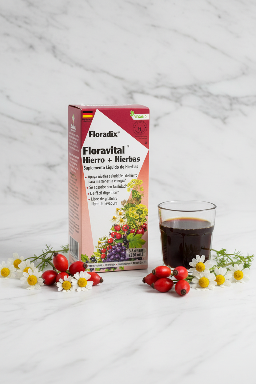 Salus Floradix Floravital Liquid Iron and Herbs 250ml retail box on a marble surface with rose hips, chamomile flowers, and a small glass of dark liquid – More4less Outlet