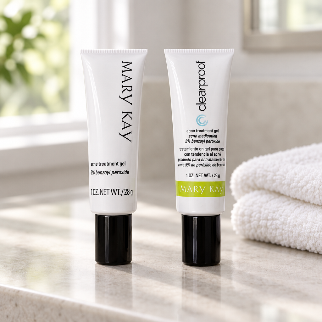 Mary Kay Acne Treatment Gel 5% tubes on a bright vanity counter with folded towel