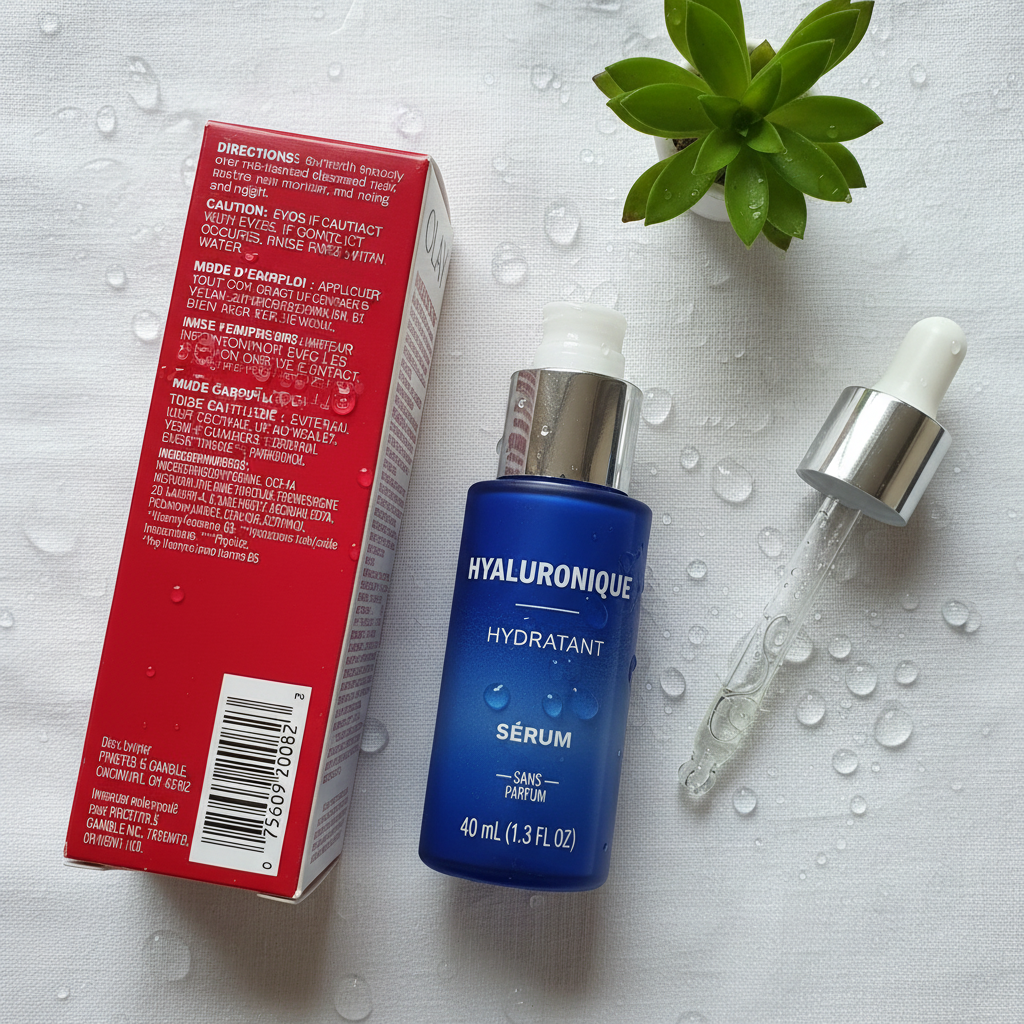 Olay Hyaluronique Hydratant Sérum flat lay on white linen with glass dropper, green plant, and water droplets