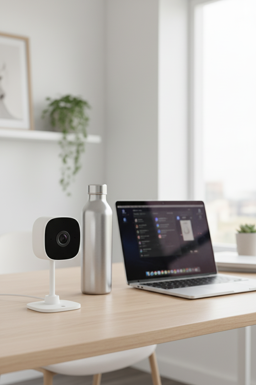 Kasa Spot EC60 camera on minimalist home office desk next to laptop and metallic water bottle security monitoring