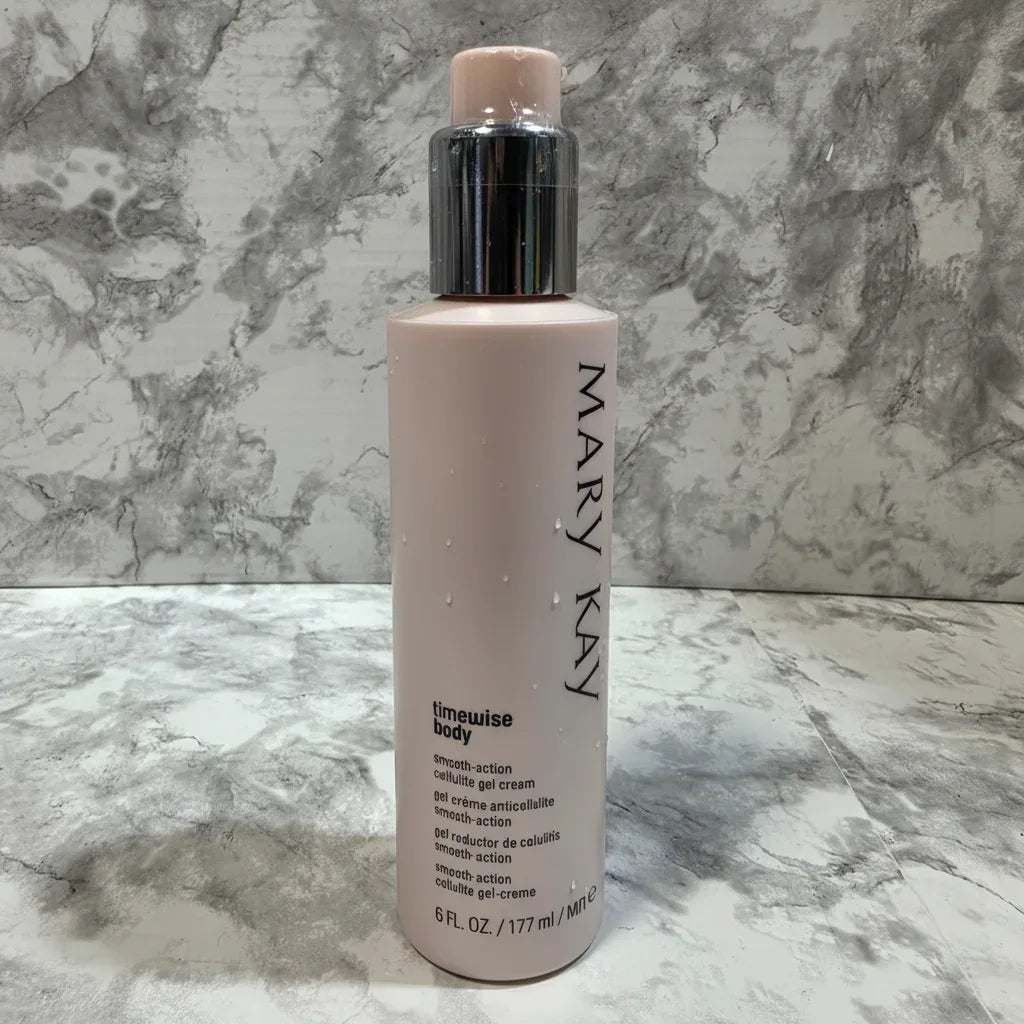 Close up shot of Mary Kay body gel cream showcasing modern pump bottle packaging on natural stone surface