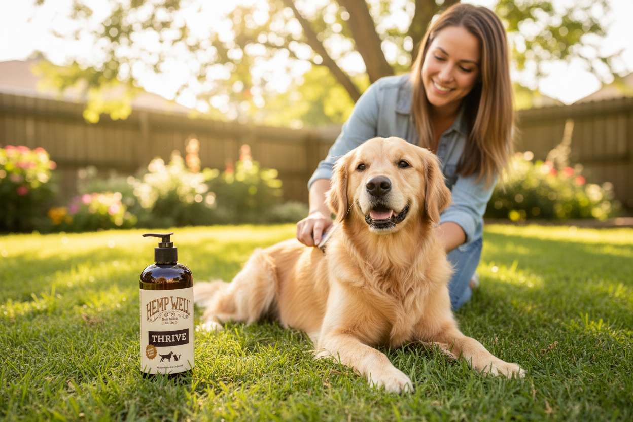 Golden retriever with shiny healthy coat being brushed outdoors — Hemp Well Thrive hemp seed oil supports skin coat and joint health in dogs