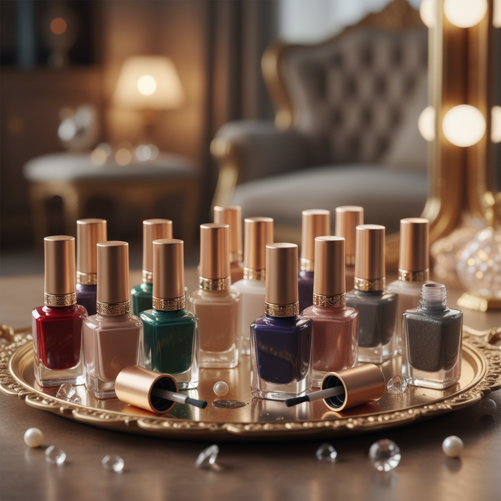 Close-up beauty shot of nail polish bottles on vanity with soft bokeh lighting — Mary Kay In A Flash vintage shades — More4less Outlet