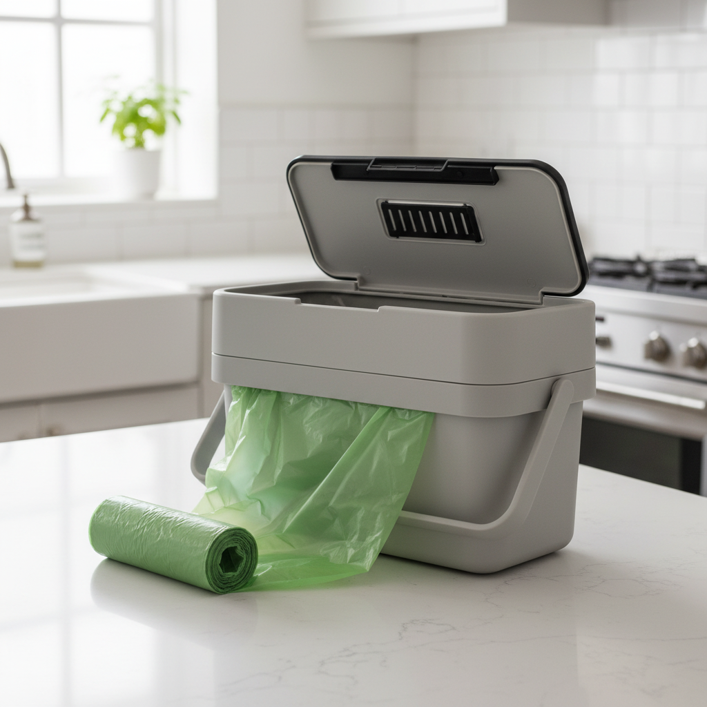 Green compost liners next to Joseph Joseph Compo 4 stone grey caddy with lid open – More4less Outlet