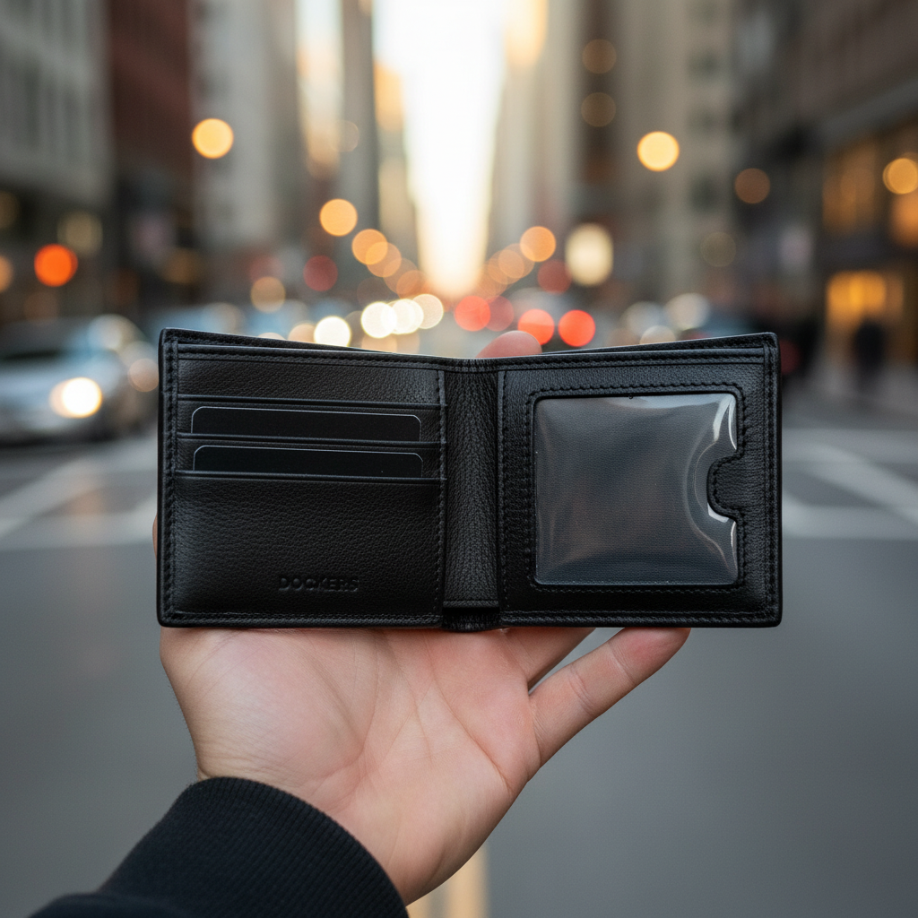Dockers genuine leather wallet open in hand on city street displaying interior card slots and ID window for daily carry
