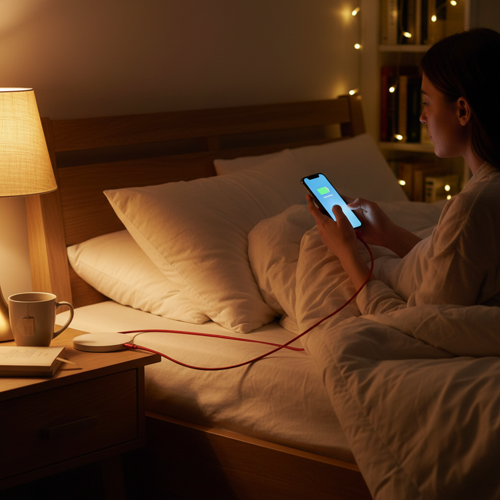 Person in bed at night charging iPhone with a long flat braided red USB cable reaching to nightstand charger