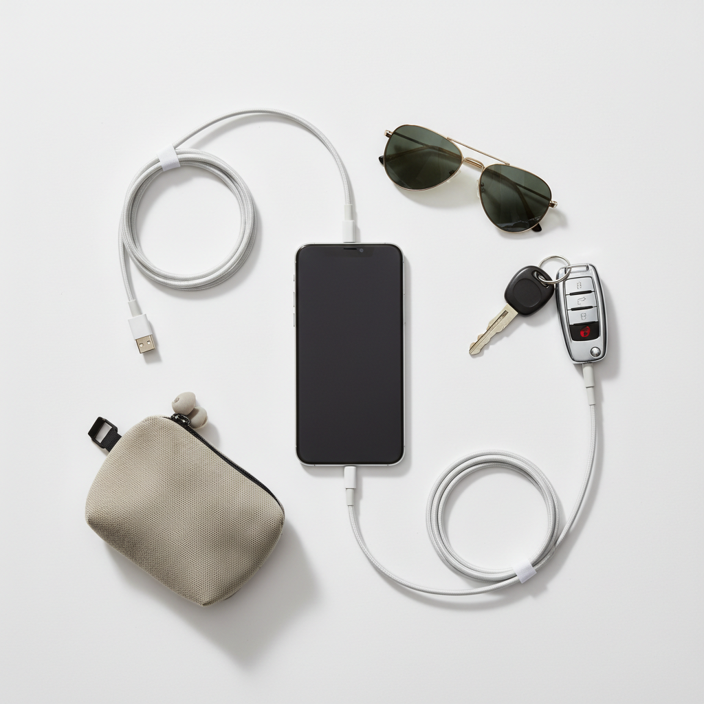 Flat-lay road trip essentials with smartphone, white braided USB-C cables, sunglasses, and car keys on white surface