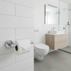 Clean contemporary bathroom with Delta Trinsic polished chrome toilet paper holder installed on white tile