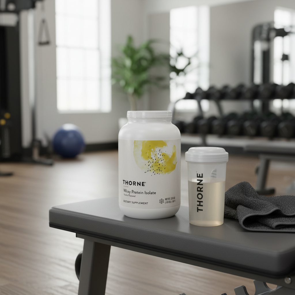 White Thorne Whey Protein Isolate tub on a gym bench next to a shaker bottle and towel in a clean modern gym setting.