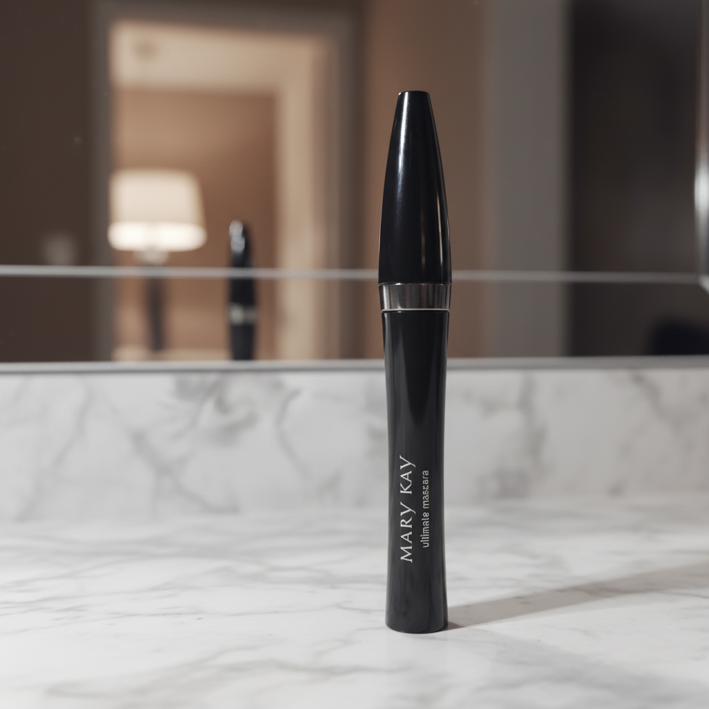 Mary Kay Ultimate Mascara in Black — sleek black cylindrical tube with silver band accent and white Mary Kay branding standing upright on a white marble vanity with dramatic lighting and blurred mirror