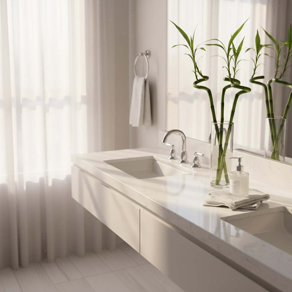 Clean bathroom vanity with fresh green bamboo stems and soft morning light