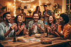 Group of adults laughing and playing a party card game at a lively game night gathering
