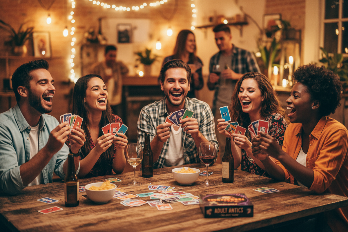 Group of adults laughing and playing a party card game at a lively game night gathering