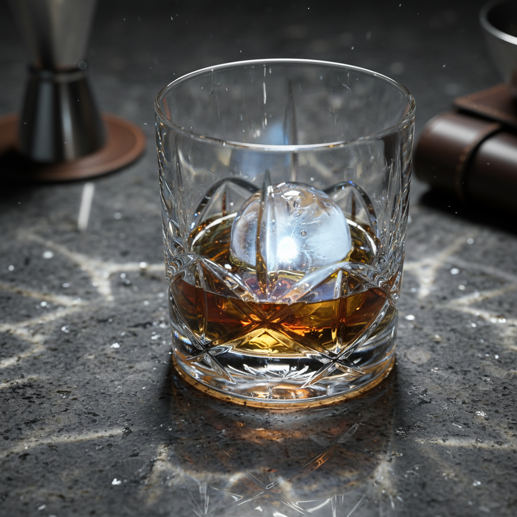 Macro shot of classic Dublin starburst cut-crystal whiskey glass reflections on granite bar surface