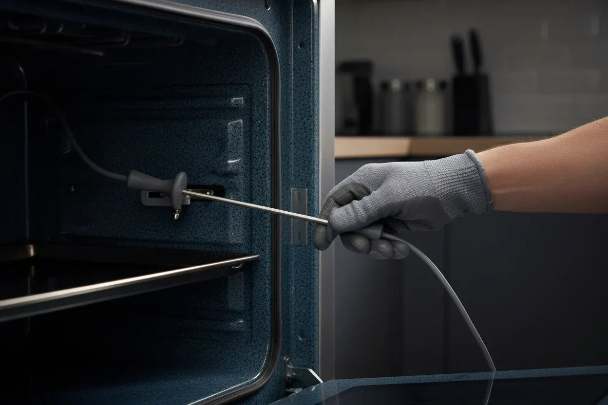 Hand carefully sliding oven temperature probe sensor into ceramic oven interior wall