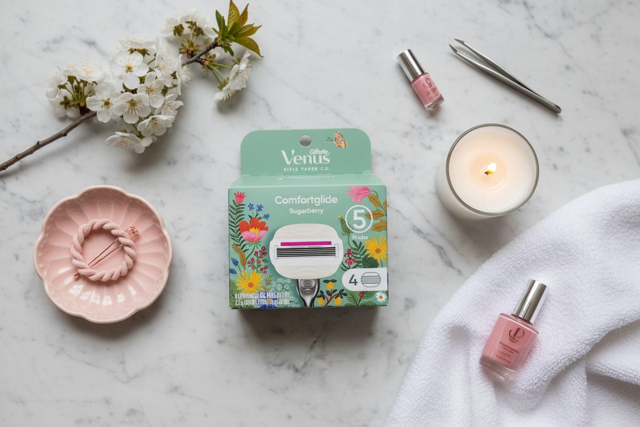 Flatlay of Gillette Venus Comfortglide Sugarberry Rifle Paper Co. box with pink vanity accessories, floral sprig, and white candle on marble surface