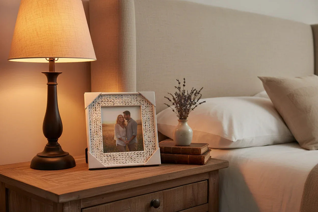 Rustic elegant bedside tabletop displaying a leaf-patterned distressed white picture frame