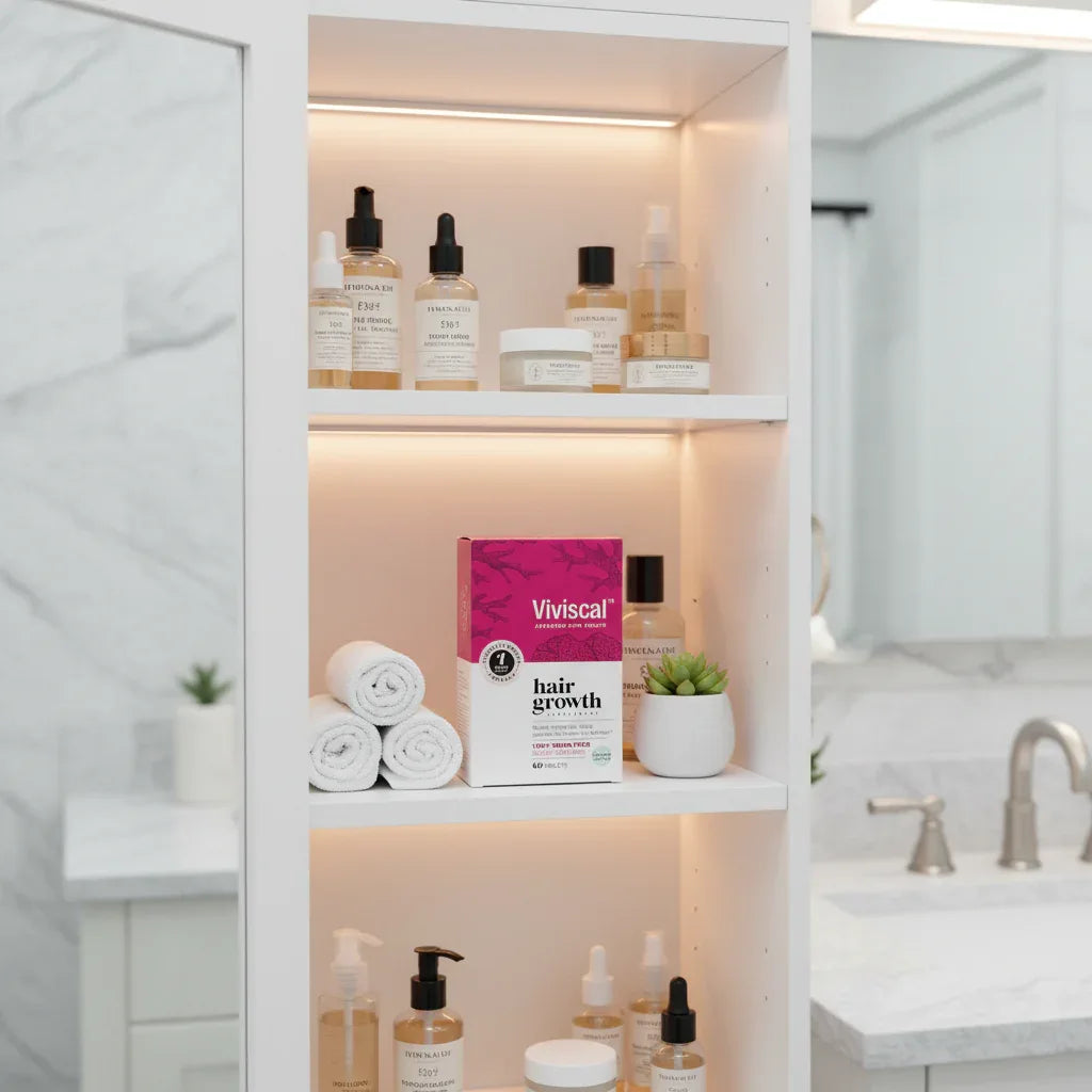 Viviscal Advanced Hair Health box in white wood bathroom cabinet with boutique glass skincare and health items