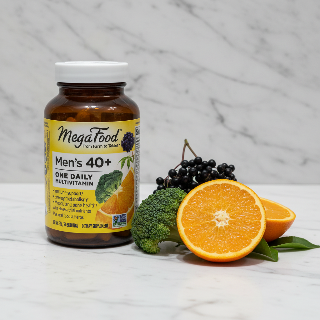 MegaFood Men's 40+ One Daily amber glass bottle beside fresh organic oranges broccoli and elderberries on white marble – More4less Outlet