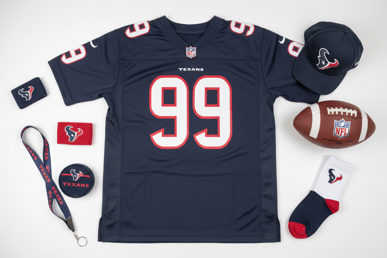 J.J. Watt Houston Texans #99 youth jersey flat lay with football and Texans fan gear – More4less Outlet