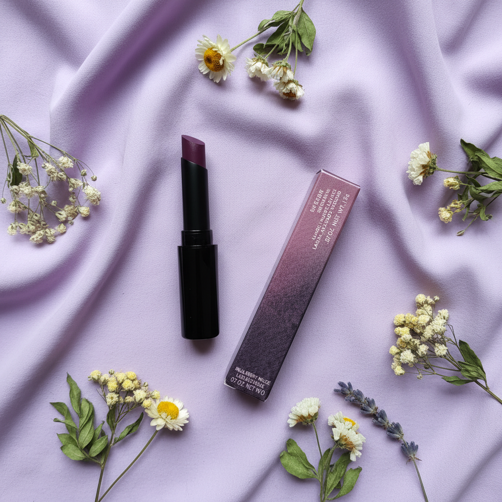 Mary Kay Lip Suede Lipstick Mulberry Muse black tube with cap off next to its original pink-and-grey retail box on soft lavender fabric with scattered dried flowers — feminine lifestyle flat-lay