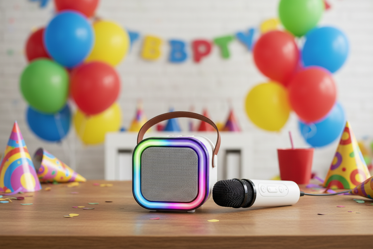 Bytech Mini Karaoke Speaker and wireless microphone on a table at a colorful kids birthday party with balloons in background