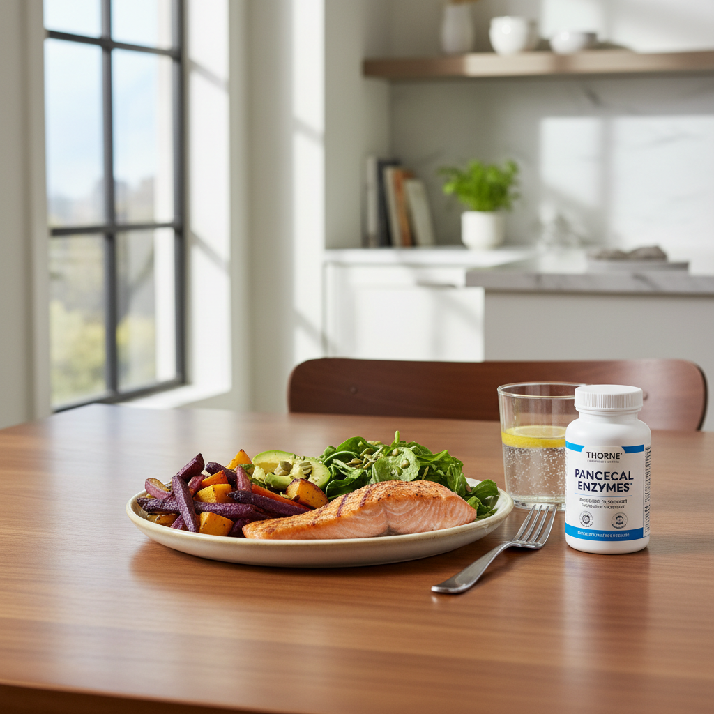 Healthy balanced meal on dining table with Thorne Pancreatic Enzymes bottle showing suggested use with meals