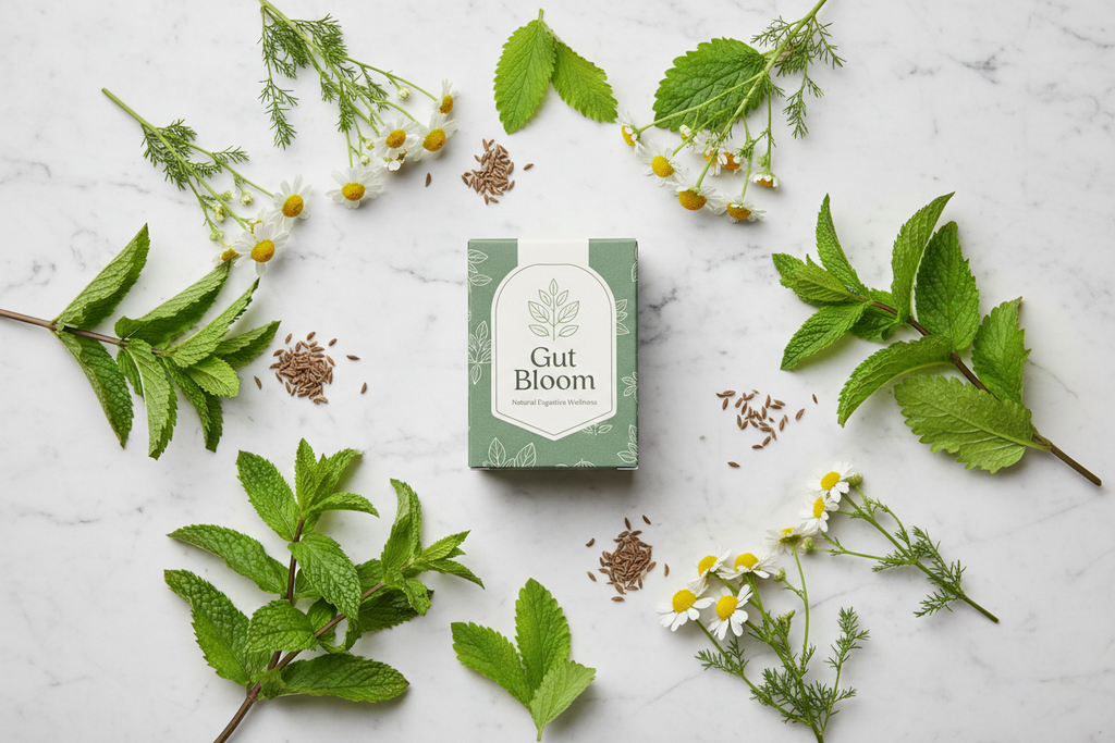 Top-down flat lay of herbal supplement box surrounded by peppermint, chamomile, lemon balm, and caraway on marble