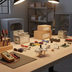 Organized residential repair supplies staging featuring specialized internal control parts