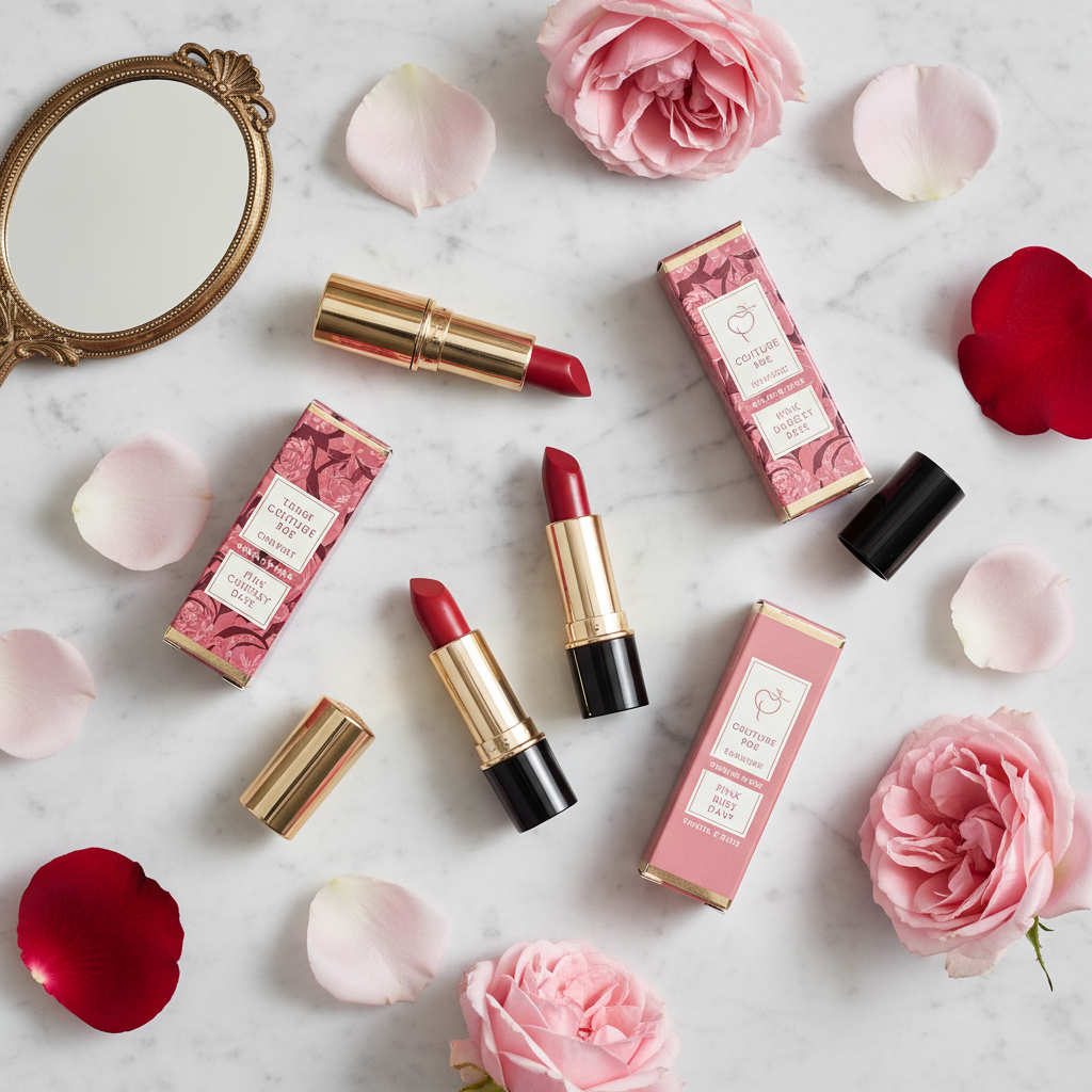 Flat lay of lipstick tubes in pink and red shades on white marble with rose petals and mirror — Mary Kay discontinued shades