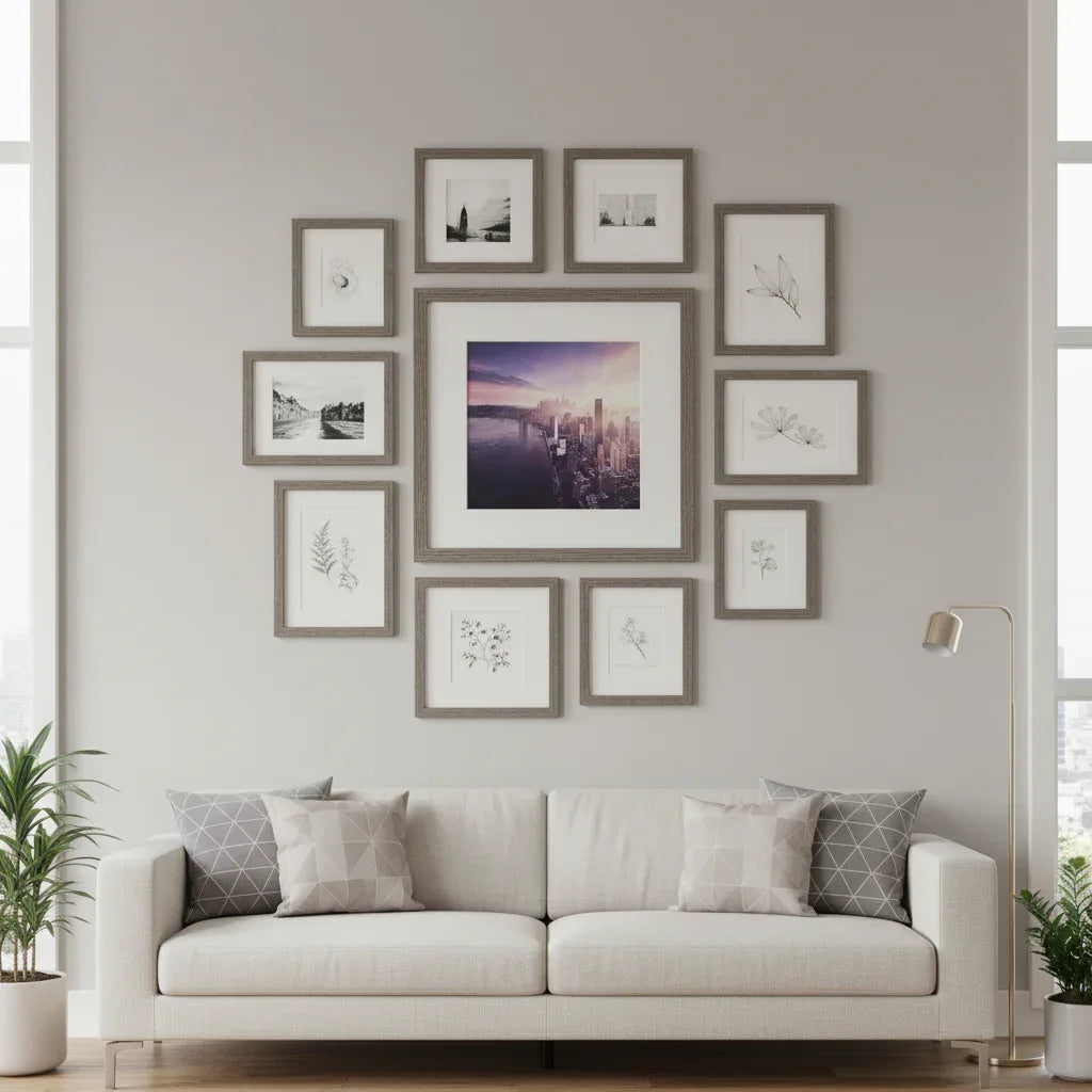 Gallery wall arrangement featuring weathered grey wood square picture frames in a modern living space