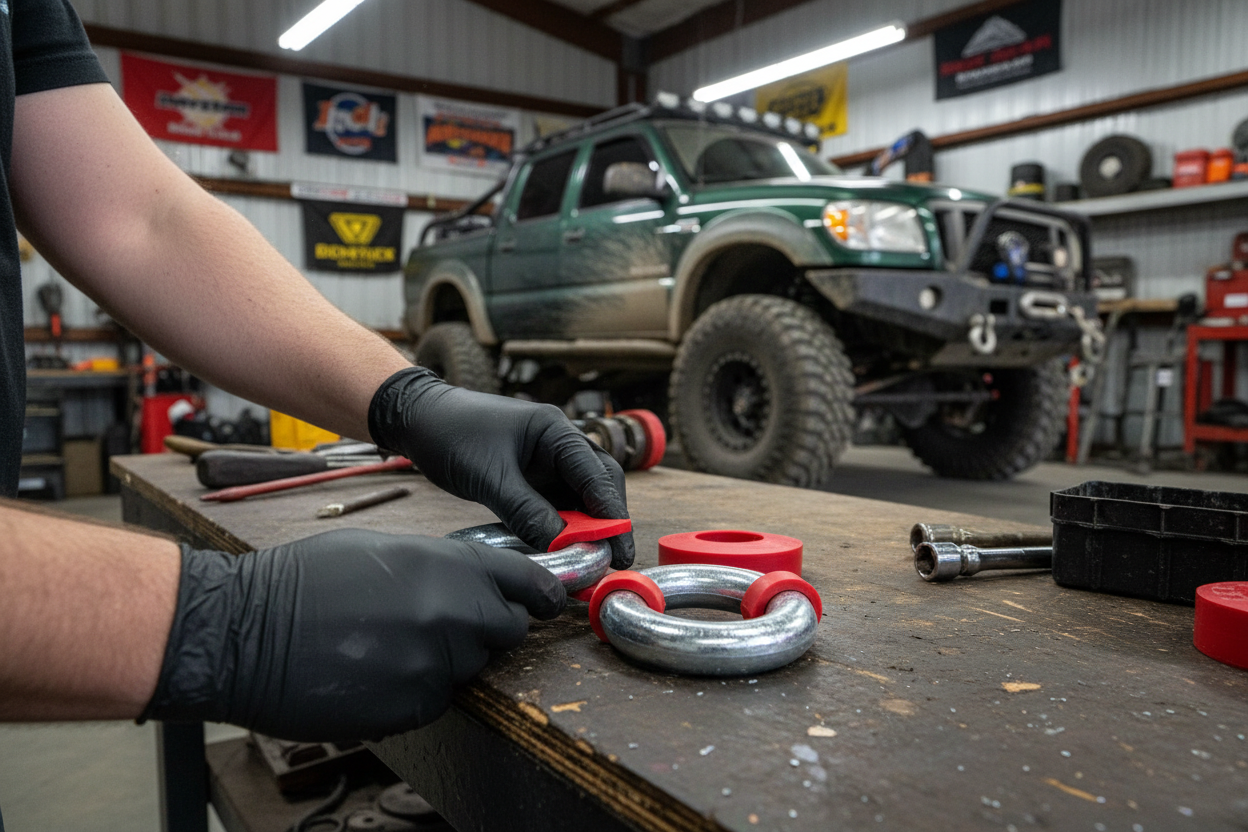 Gloved hand snapping Daystar red D-ring isolators onto silver shackles in garage with lifted 4x4 truck in background - More4less Outlet