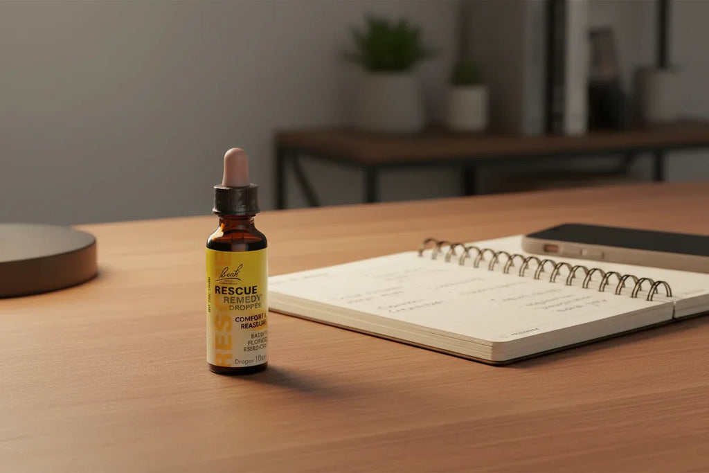 Bach Rescue Remedy 10ml Dropper on wooden office desk with planner — daily productivity wellness support