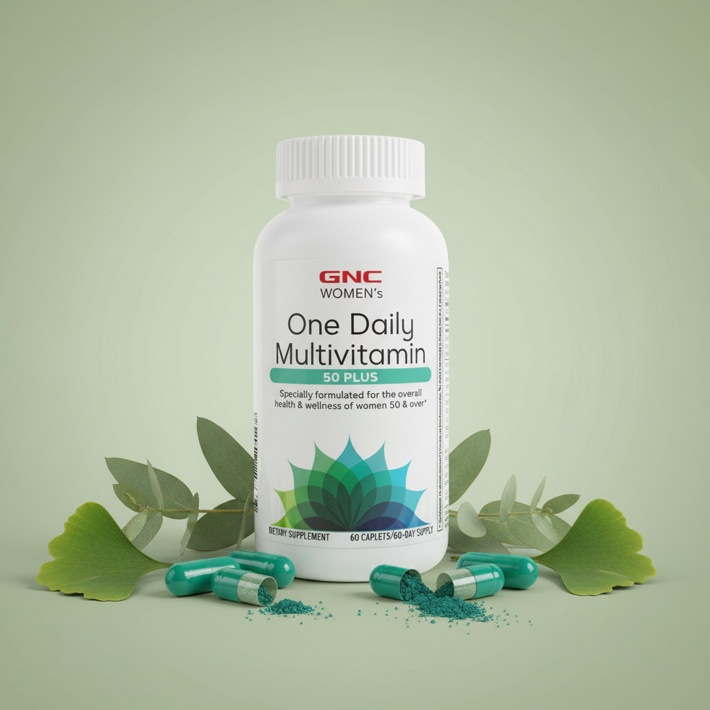 GNC Women's One Daily Multivitamin 50 Plus sage green editorial with botanical leaves – More4less Outlet