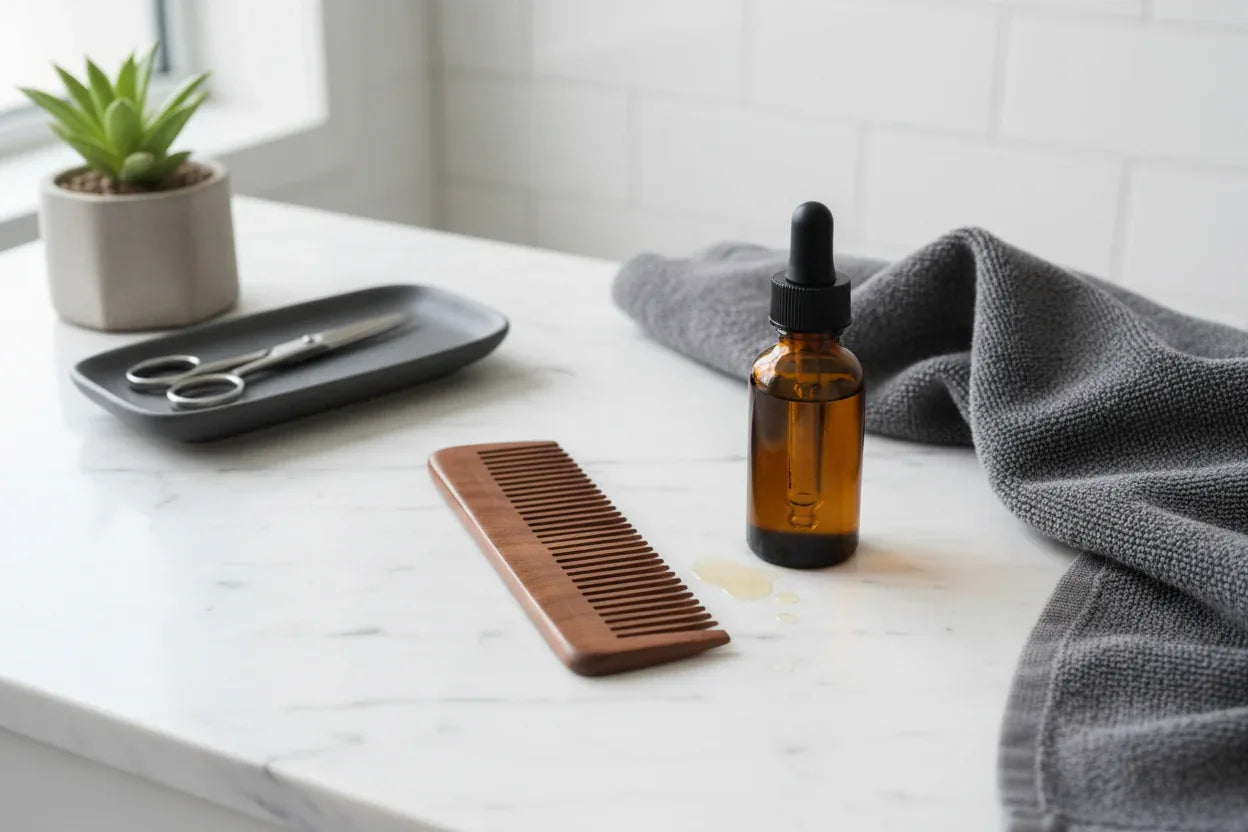 Organized morning grooming routine with beard comb and King C. Gillette Beard Oil dropper bottle on marble surface