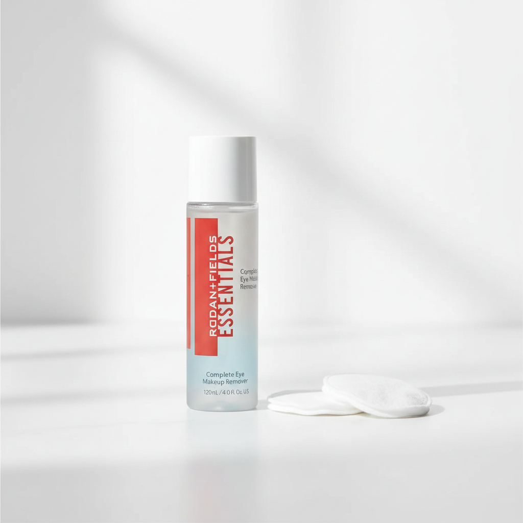 Rodan + Fields ESSENTIALS eye makeup remover bottle beside plain white cotton rounds on a clean vanity