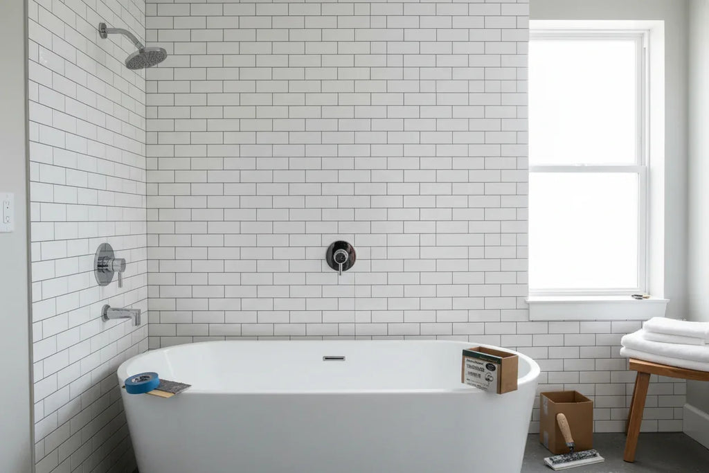 Modern high-end bathroom renovation scene showcasing chrome plumbing volume control trim