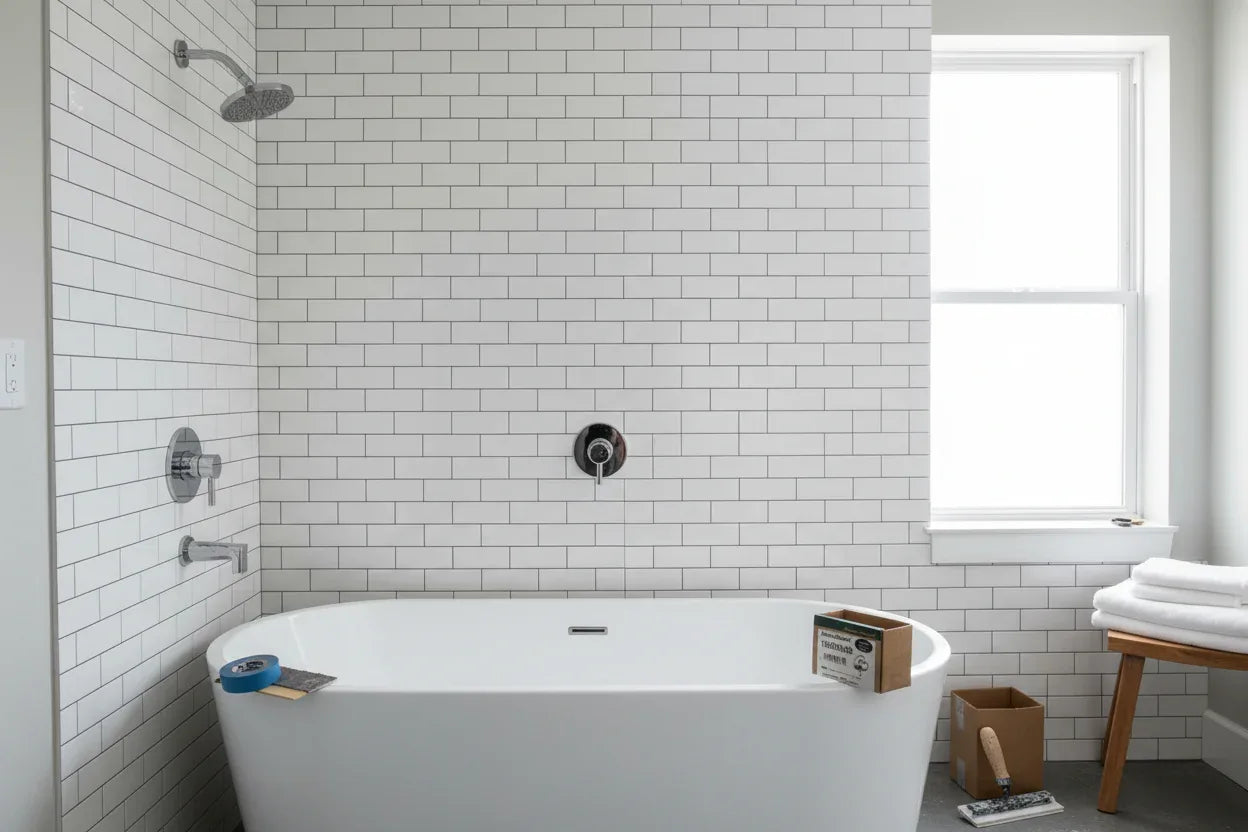 Modern high-end bathroom renovation scene showcasing chrome plumbing volume control trim