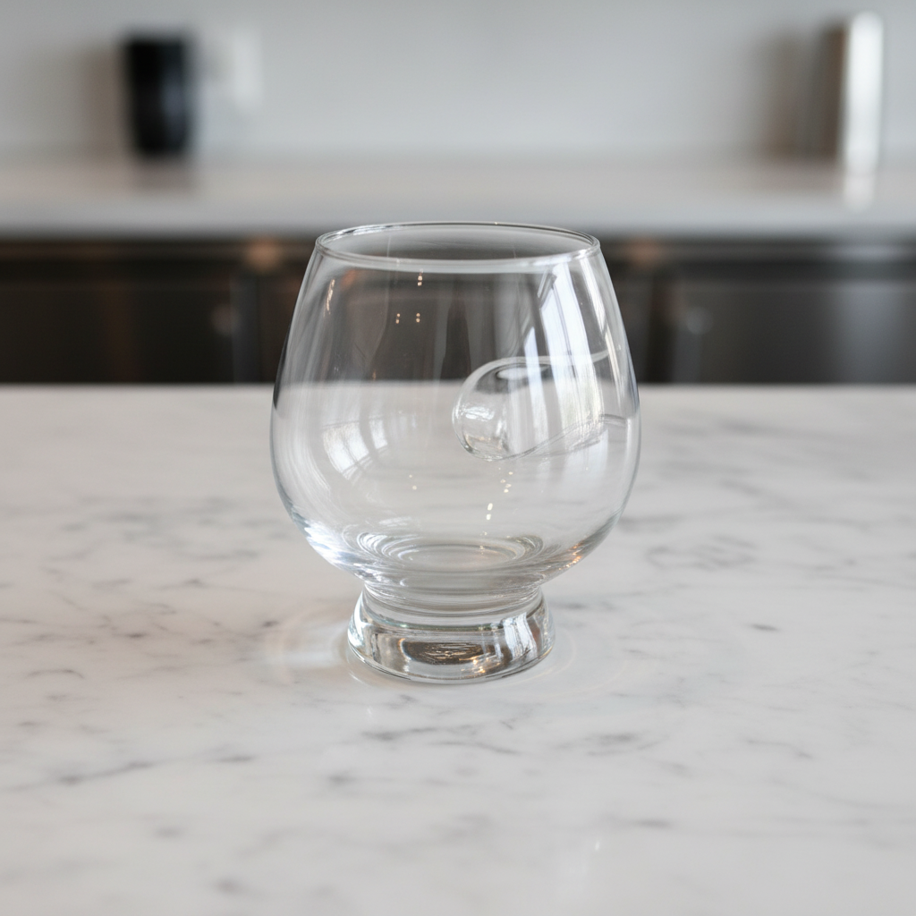 Empty Brookstone clear cigar-holder whiskey glass on a marble counter, showing the side rest